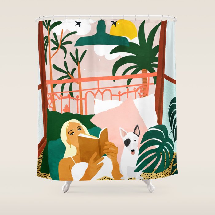 Pet Pals, Animals Lovers Illustration, Travel With Pets Modern Bohemian Painting Shower Curtain Gallery Image 1