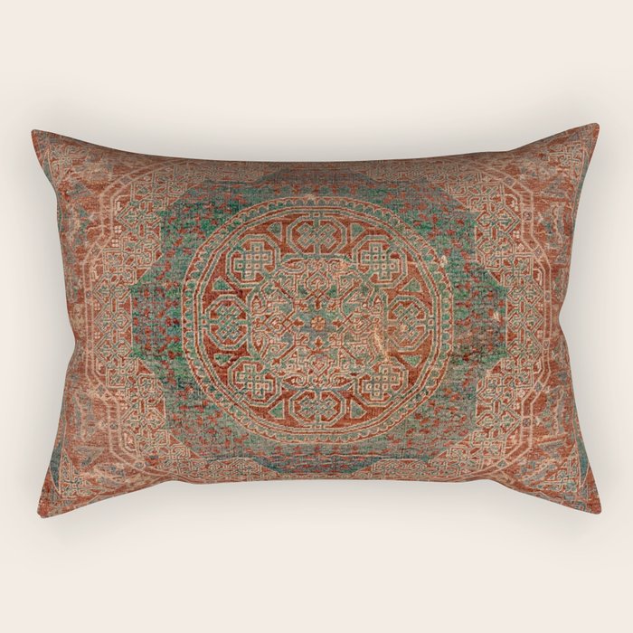 Bohemian Medallion I // 15th Century Old Distressed Red Green Colorful Ornate Accent Rug Pattern Rectangular Pillow Gallery Image 2