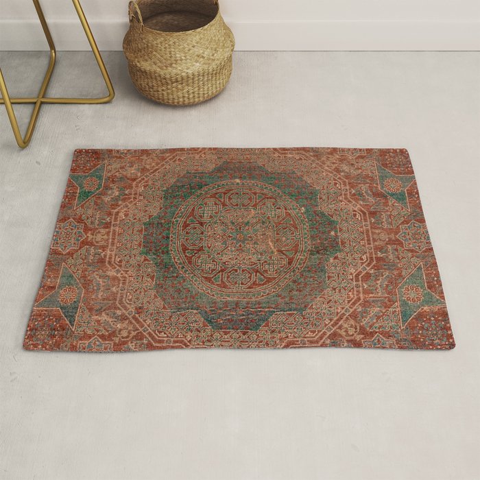 Bohemian Medallion I // 15th Century Old Distressed Red Green Colorful Ornate Accent Rug Pattern Rug Gallery Image 1