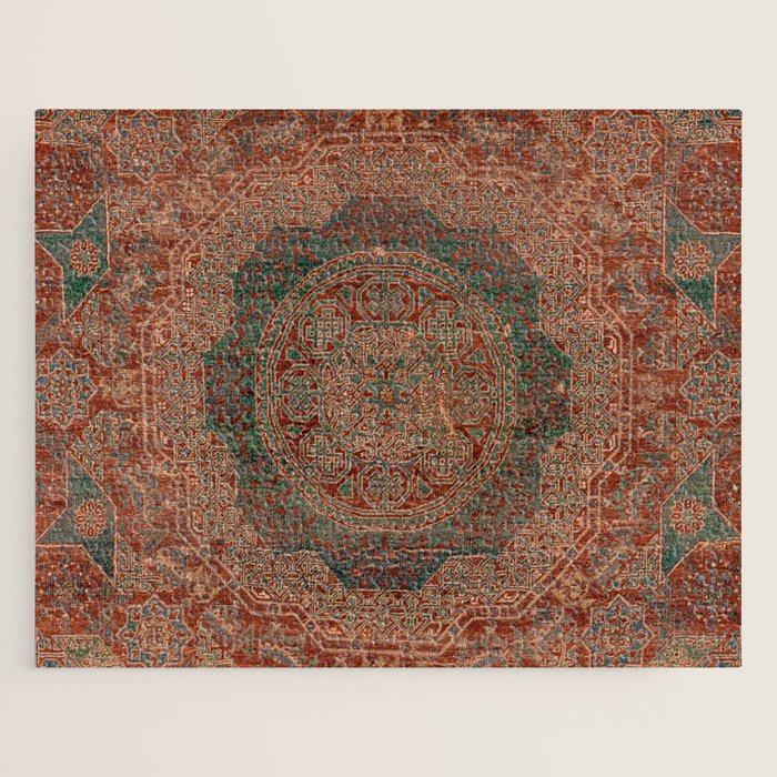 Bohemian Medallion I // 15th Century Old Distressed Red Green Colorful Ornate Accent Rug Pattern Jigsaw Puzzle Gallery Image 1