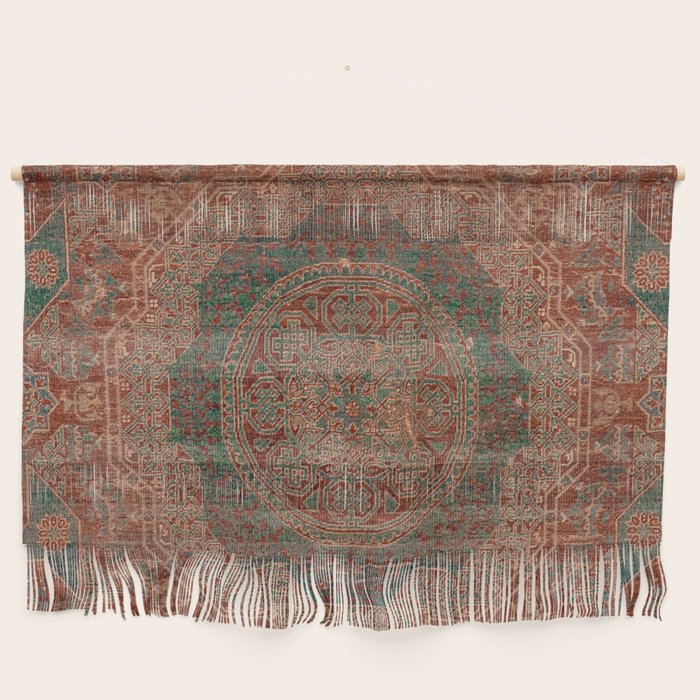 Bohemian Medallion I // 15th Century Old Distressed Red Green Colorful Ornate Accent Rug Pattern Wall Hanging Gallery Image 1