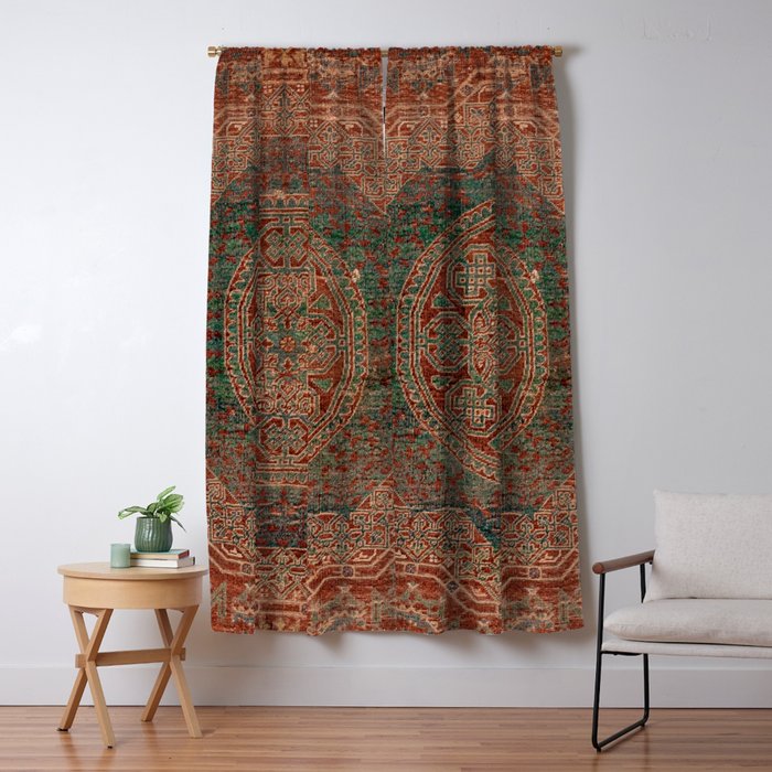 Bohemian Medallion I // 15th Century Old Distressed Red Green Colorful Ornate Accent Rug Pattern Window Curtain Gallery Image 5