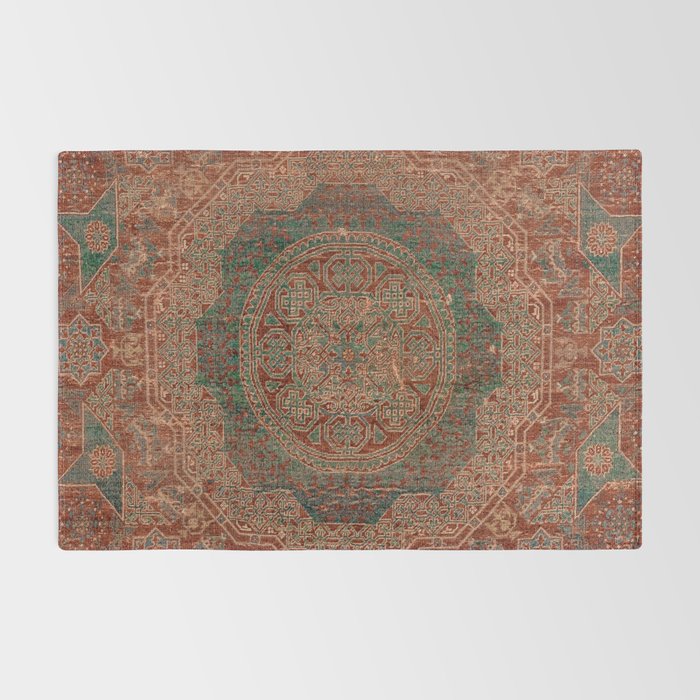 Bohemian Medallion I // 15th Century Old Distressed Red Green Colorful Ornate Accent Rug Pattern Rug Gallery Image 2