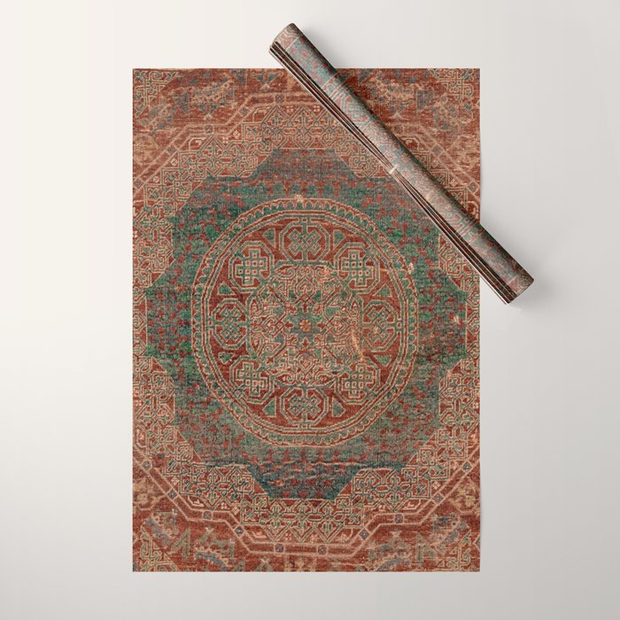 Bohemian Medallion I // 15th Century Old Distressed Red Green Colorful Ornate Accent Rug Pattern Wrapping Paper Gallery Image 1