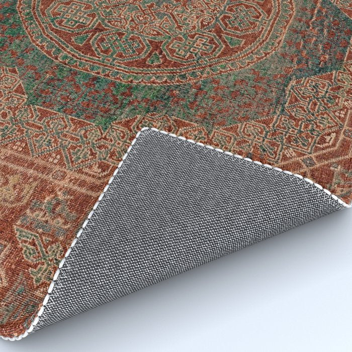 Bohemian Medallion I // 15th Century Old Distressed Red Green Colorful Ornate Accent Rug Pattern Rug Gallery Image 4