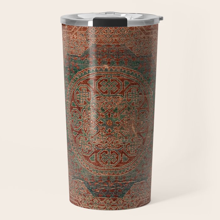 Bohemian Medallion I // 15th Century Old Distressed Red Green Colorful Ornate Accent Rug Pattern Travel Mug Gallery Image 1