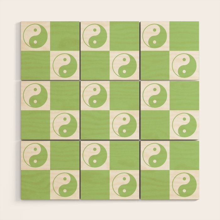 Yin Yang Checker in Green and White Wood Wall Art Gallery Image 1