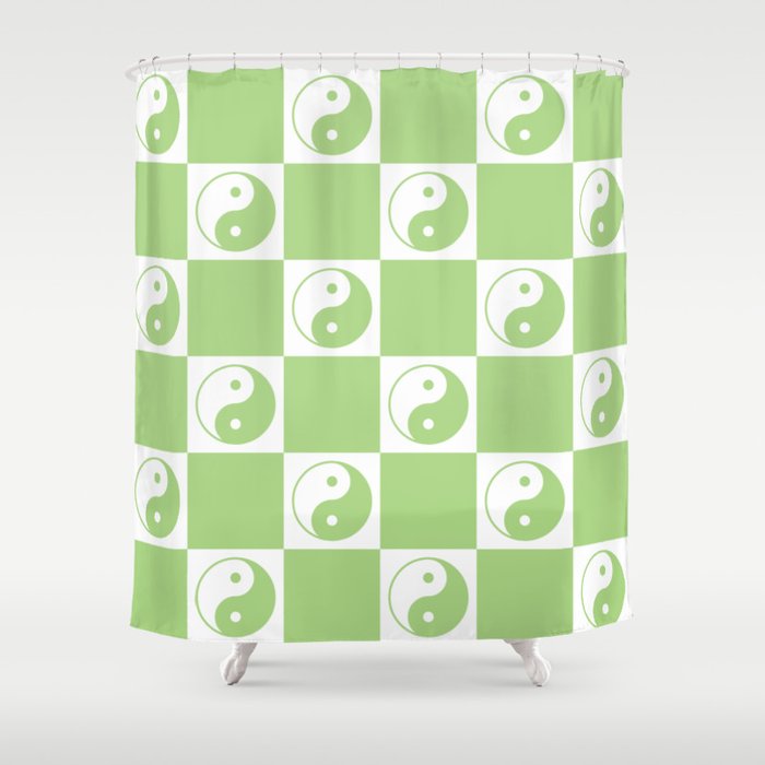 Yin Yang Checker in Green and White Shower Curtain Gallery Image 1