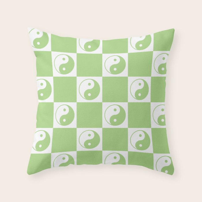 Yin Yang Checker in Green and White Throw Pillow Gallery Image 1