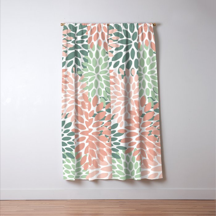 Festive, Abstract Floral Prints, Coral and Green Window Curtain Gallery Image 3