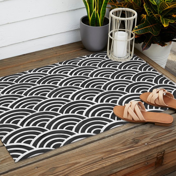 Japanese Seigaiha Wave - Black & White Palette Outdoor Rug Gallery Image 2