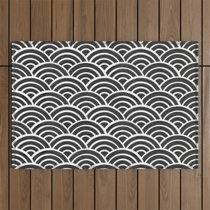 Japanese Seigaiha Wave - Black & White Palette Outdoor Rug Gallery Image 1