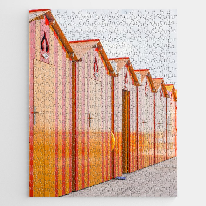 Sorrento Stripes | Red And Orange Beach Changing Rooms Art Print | Amalfi Coast Italy Travel Photography Jigsaw Puzzle Gallery Image 1