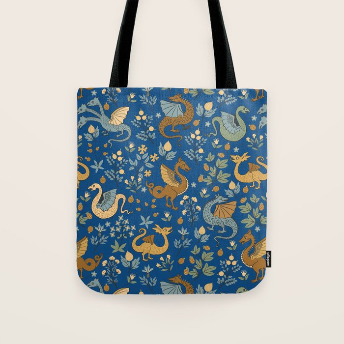 Dragons and Flowers on Classic Blue Tote Bag Gallery Image 1