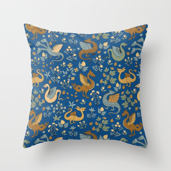 Dragons and Flowers on Classic Blue Throw Pillow Gallery Image 6