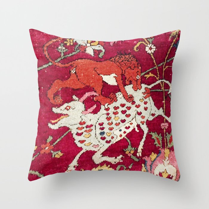 Safavid Antique Hunting Rug Animal Print Throw Pillow Gallery Image 6