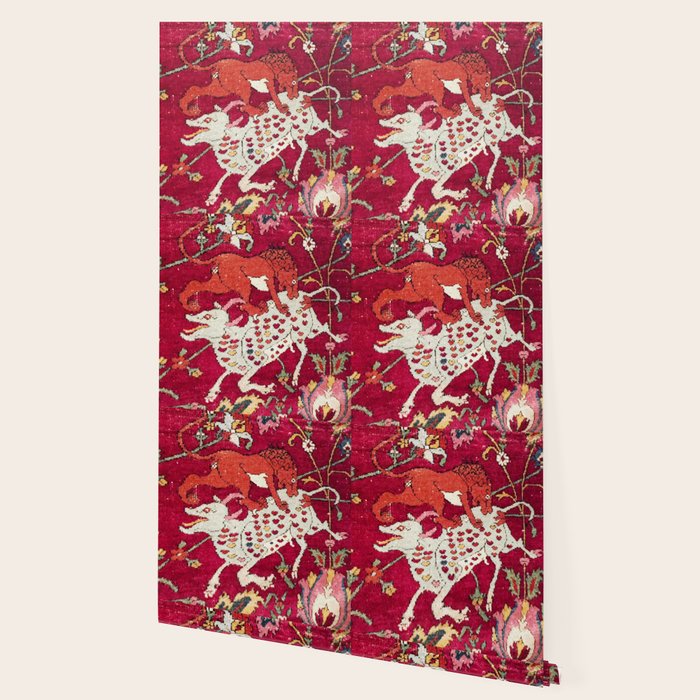 Safavid Antique Hunting Rug Animal Print Wallpaper Gallery Image 2