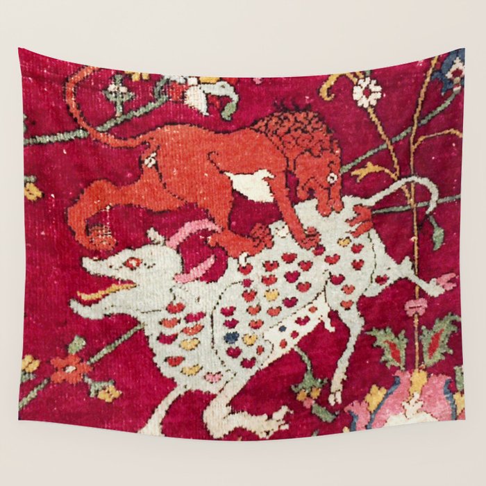 Safavid Antique Hunting Rug Animal Print Wall Tapestry Gallery Image 1