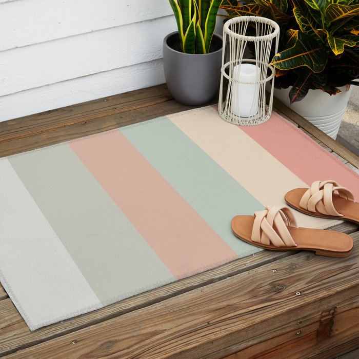 Soft Stripes Broad Stripe Pattern in Peachy Blush Pink, Cream, and Pale Celadon Aqua Mint Outdoor Rug Gallery Image 2