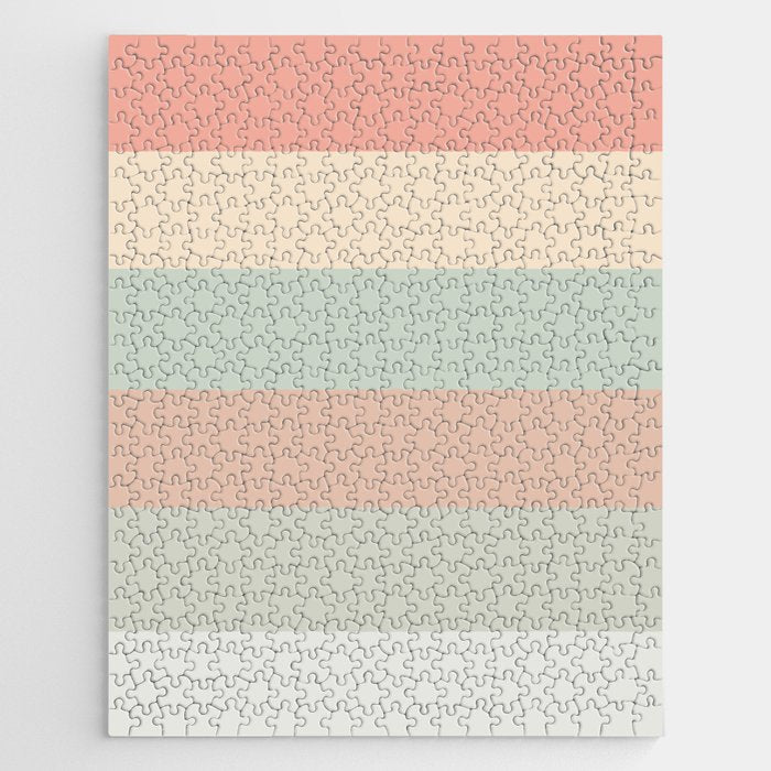 Soft Stripes Broad Stripe Pattern in Peachy Blush Pink, Cream, and Pale Celadon Aqua Mint Jigsaw Puzzle Gallery Image 1