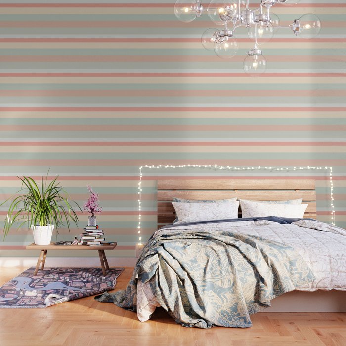 Soft Stripes Broad Stripe Pattern in Peachy Blush Pink, Cream, and Pale Celadon Aqua Mint Wallpaper Gallery Image 3