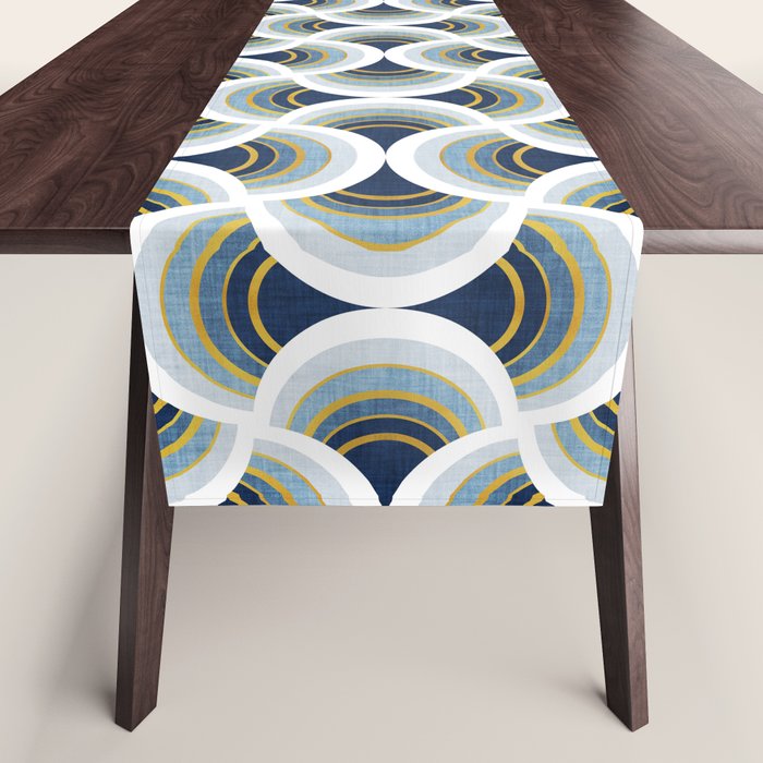 Art deco scallop elegance // blue geometric shapes golden textured lines Table Runner Gallery Image 1