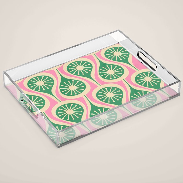 Mid Century Modern Atomic Drops Retro Pattern Pink and Green Acrylic Tray Gallery Image 1