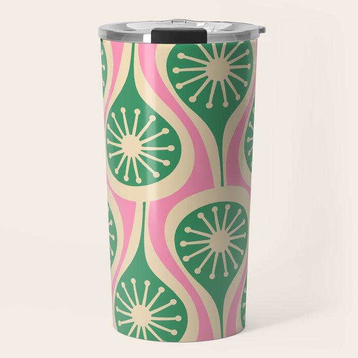 Mid Century Modern Atomic Drops Retro Pattern Pink and Green Travel Mug Gallery Image 1