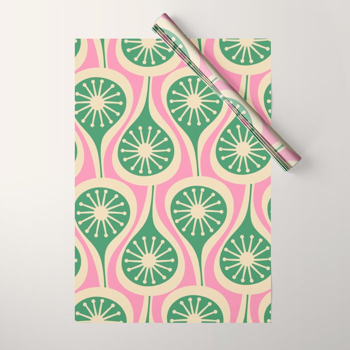Mid Century Modern Atomic Drops Retro Pattern Pink and Green Wrapping Paper Gallery Image 1