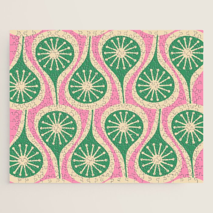 Mid Century Modern Atomic Drops Retro Pattern Pink and Green Jigsaw Puzzle Gallery Image 1