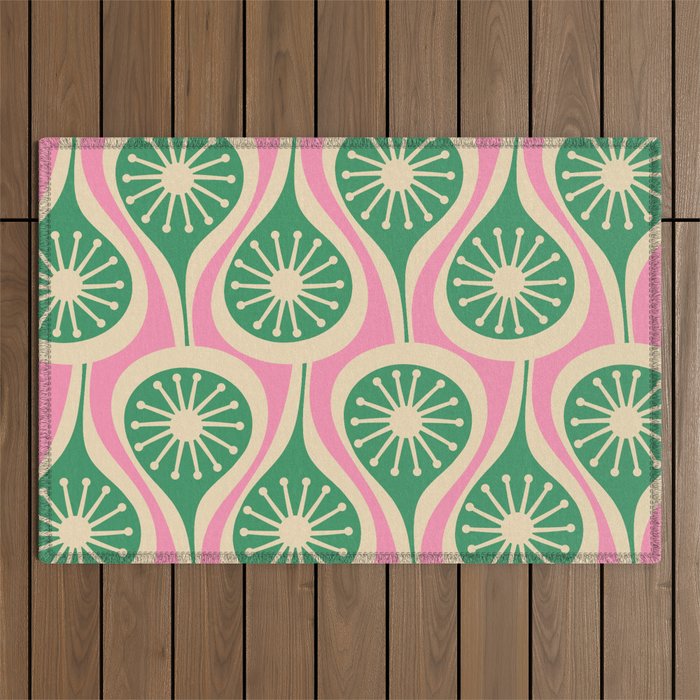 Mid Century Modern Atomic Drops Retro Pattern Pink and Green Outdoor Rug Gallery Image 1
