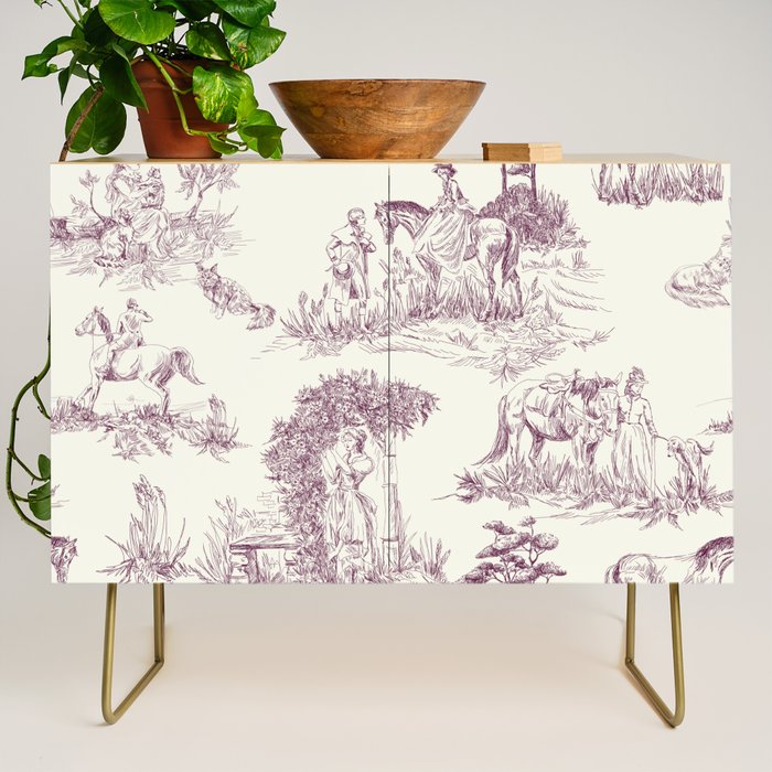 Toile de Jouy Vintage French Plum Cream Pastoral Pattern Credenza Gallery Image 1