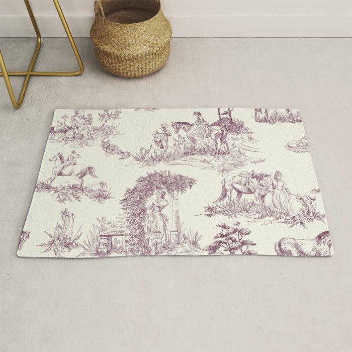 Toile de Jouy Vintage French Plum Cream Pastoral Pattern Rug Gallery Image 1