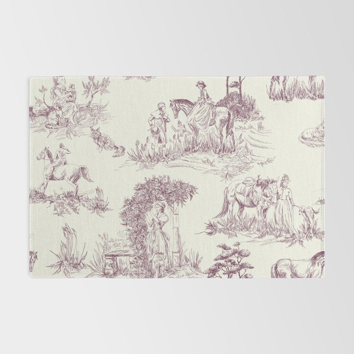 Toile de Jouy Vintage French Plum Cream Pastoral Pattern Rug Gallery Image 2