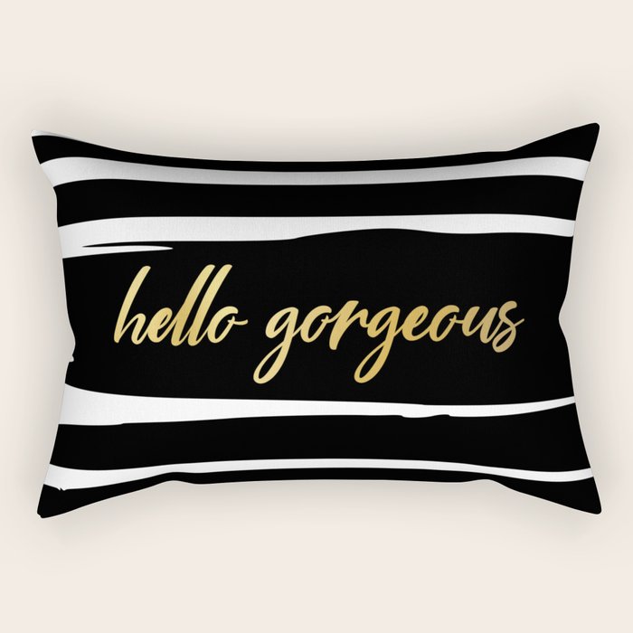 Hello Gorgeous, Gold, Black and White Print Rectangular Pillow Gallery Image 1