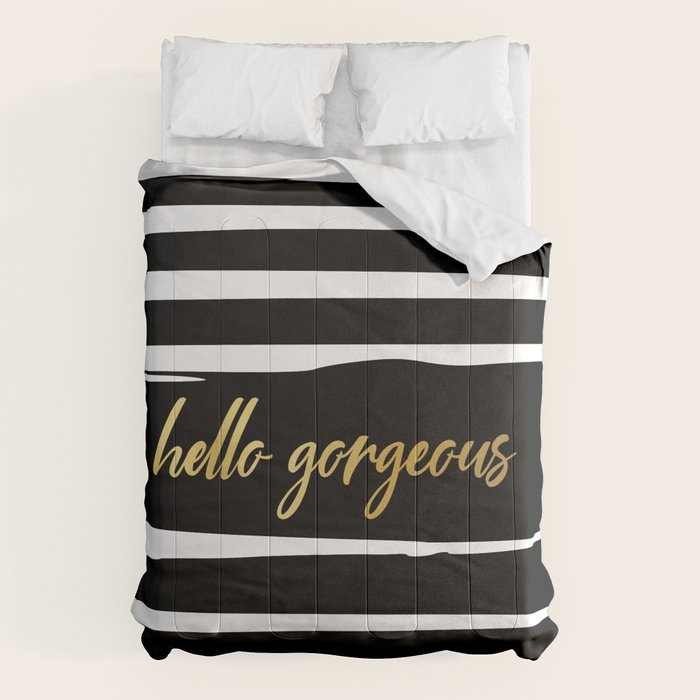 Hello Gorgeous, Gold, Black and White Print Comforter Gallery Image 6