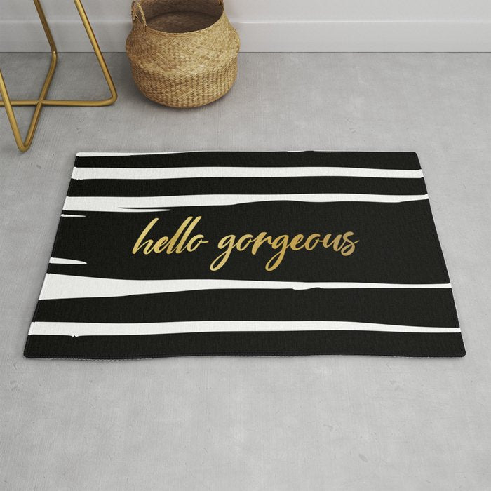 Hello Gorgeous, Gold, Black and White Print Rug Gallery Image 1
