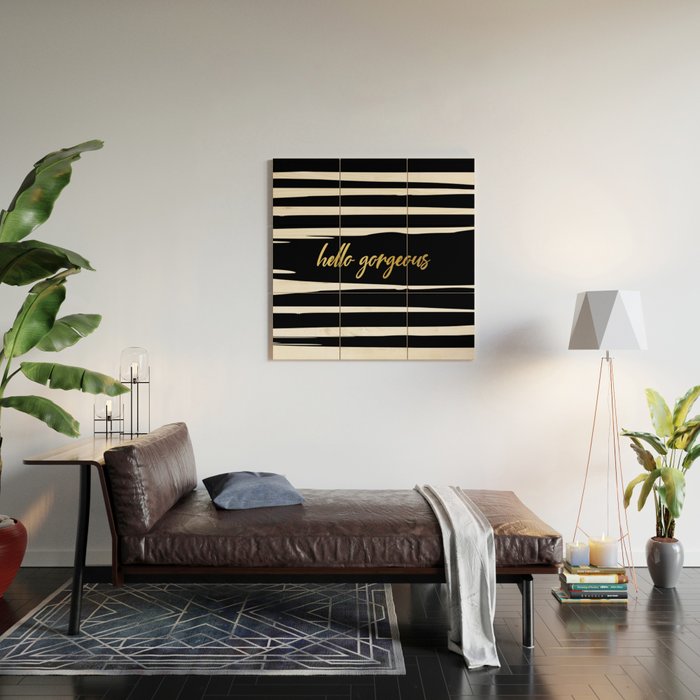 Hello Gorgeous, Gold, Black and White Print Wood Wall Art Gallery Image 2