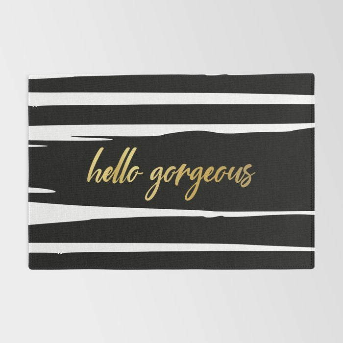 Hello Gorgeous, Gold, Black and White Print Rug Gallery Image 2