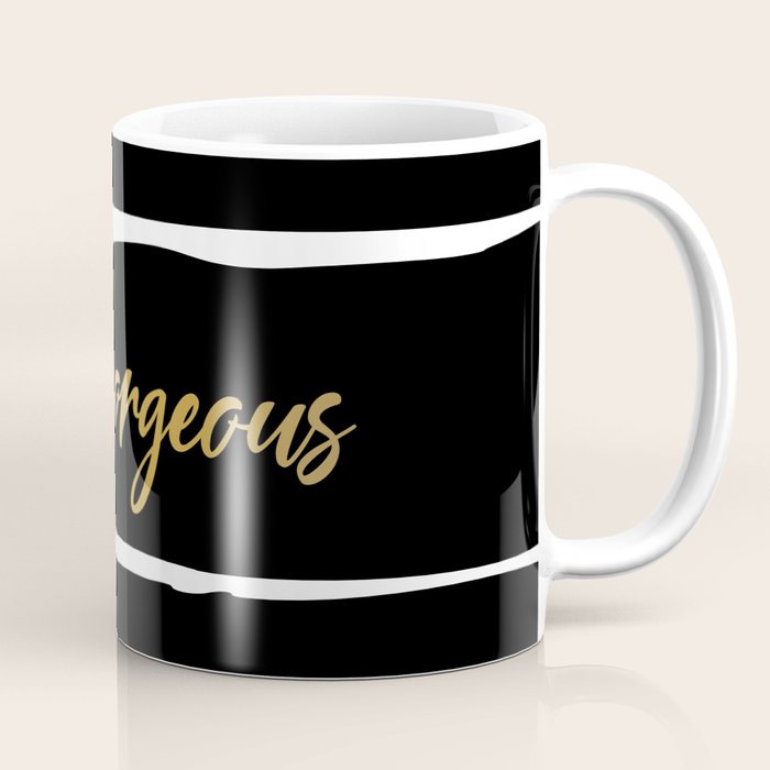 Hello Gorgeous, Gold, Black and White Print Coffee Mug Gallery Image 1