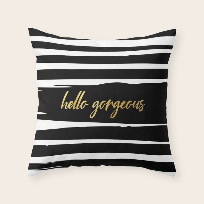 Hello Gorgeous, Gold, Black and White Print Throw Pillow Gallery Image 6