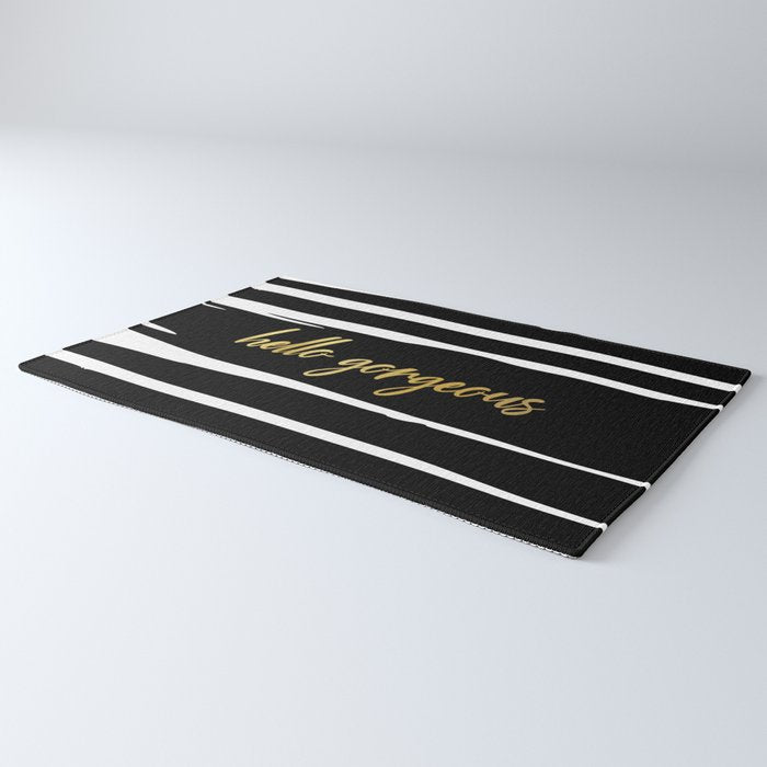 Hello Gorgeous, Gold, Black and White Print Rug Gallery Image 3