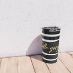 Hello Gorgeous, Gold, Black and White Print Travel Mug Gallery Image 4