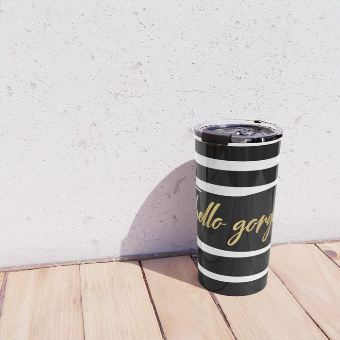 Hello Gorgeous, Gold, Black and White Print Travel Mug Gallery Image 4
