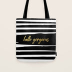 Hello Gorgeous, Gold, Black and White Print Tote Bag Gallery Image 1