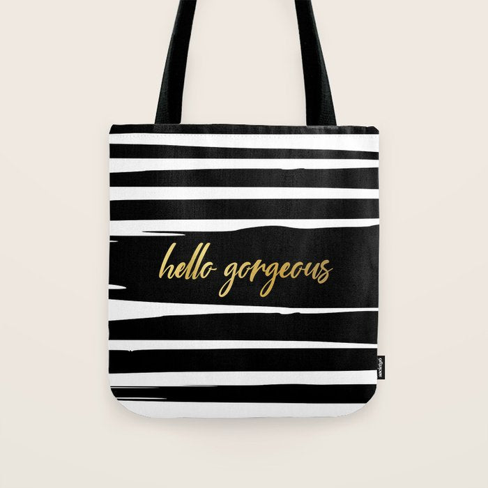 Hello Gorgeous, Gold, Black and White Print Tote Bag Gallery Image 1