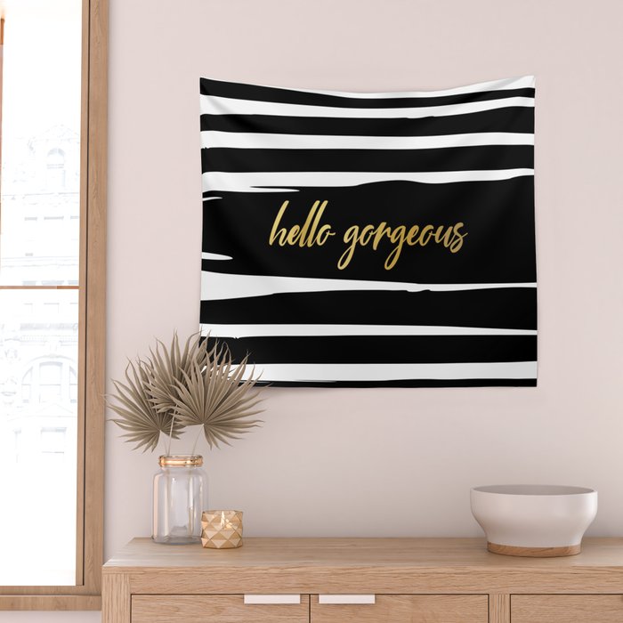 Hello Gorgeous, Gold, Black and White Print Wall Tapestry Gallery Image 2