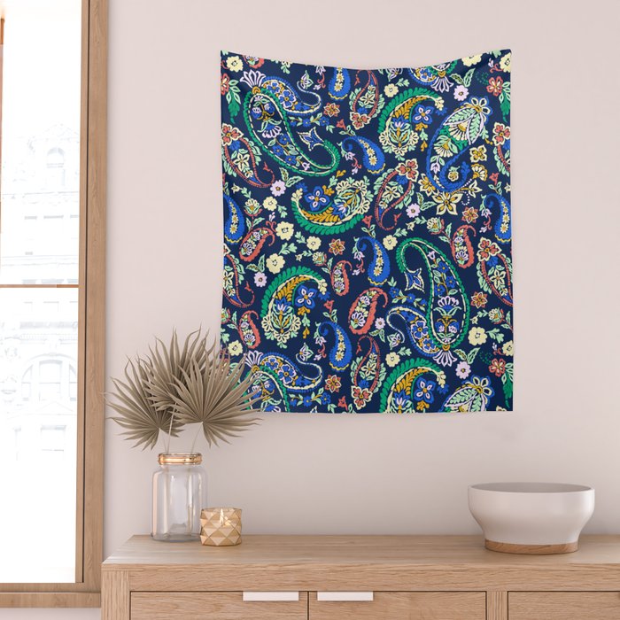 Vibrant paisley print on dark Wall Tapestry Gallery Image 2