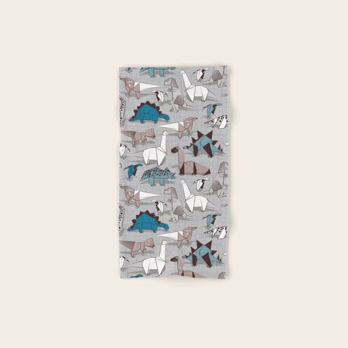 Origami dino friends // grey linen texture blue dinosaurs Bath Towel Gallery Image 1