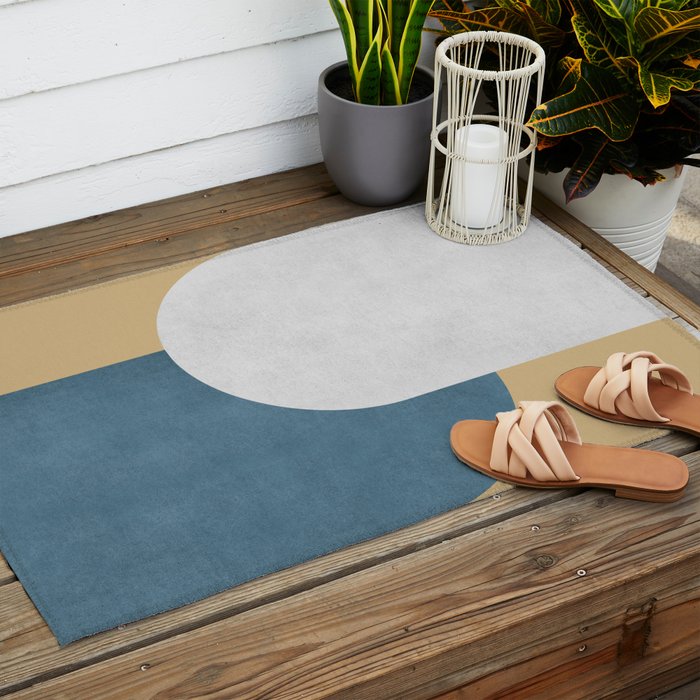 Halfmoon Colorblock - White Blue on Gold Outdoor Rug Gallery Image 2
